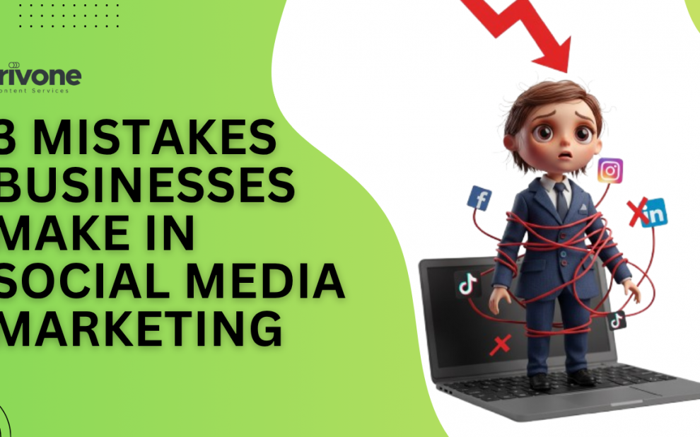 A worried businessperson cartoon stands on a laptop, tangled in red wires connected to social media icons like Facebook, Instagram, TikTok, and LinkedIn, with a red downward arrow above. Text reads: “3 Mistakes Businesses Make in Social Media Marketing – Trivone Content Services.”