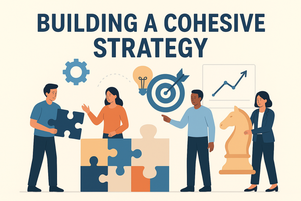 Integrating Content and Digital Marketing for Maximum ROI in 2025 2 An illustration of four people collaborating to build a cohesive strategy using large puzzle pieces, gears, a target with an arrow, a chess knight, and a growth chart in the background.