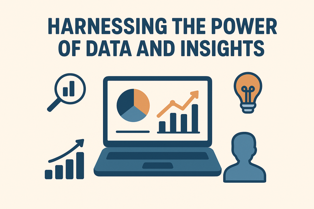 Integrating Content and Digital Marketing for Maximum ROI in 2025 3 Illustration of data analytics concept showing a laptop with charts and graphs, a magnifying glass, a light bulb, and a user icon representing insights and innovation