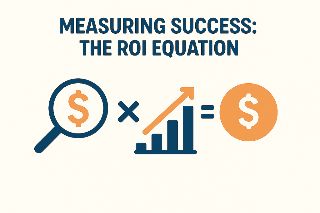 Integrating Content and Digital Marketing for Maximum ROI in 2025 5 An illustration showing the Return on Investment (ROI) equation. A magnifying glass over a dollar sign is multiplied by a rising bar graph with an upward arrow, which equals a large dollar sign inside an orange circle.