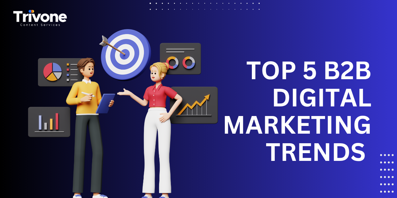 Two 3D illustrated business professionals discussing marketing data in front of graphs and charts, with the title “Top 5 B2B Digital Marketing Trends” on a blue gradient background.