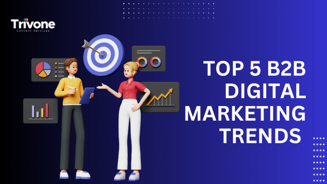 Top 5 B2B Digital Marketing Trends Two 3D illustrated business professionals discussing marketing data in front of graphs and charts, with the title “Top 5 B2B Digital Marketing Trends” on a blue gradient background.