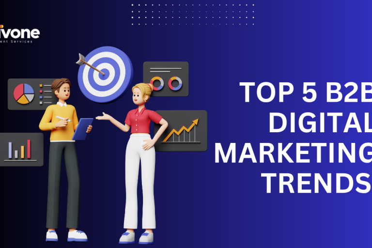 Top 5 B2B Digital Marketing Trends Two 3D illustrated business professionals discussing marketing data in front of graphs and charts, with the title “Top 5 B2B Digital Marketing Trends” on a blue gradient background.