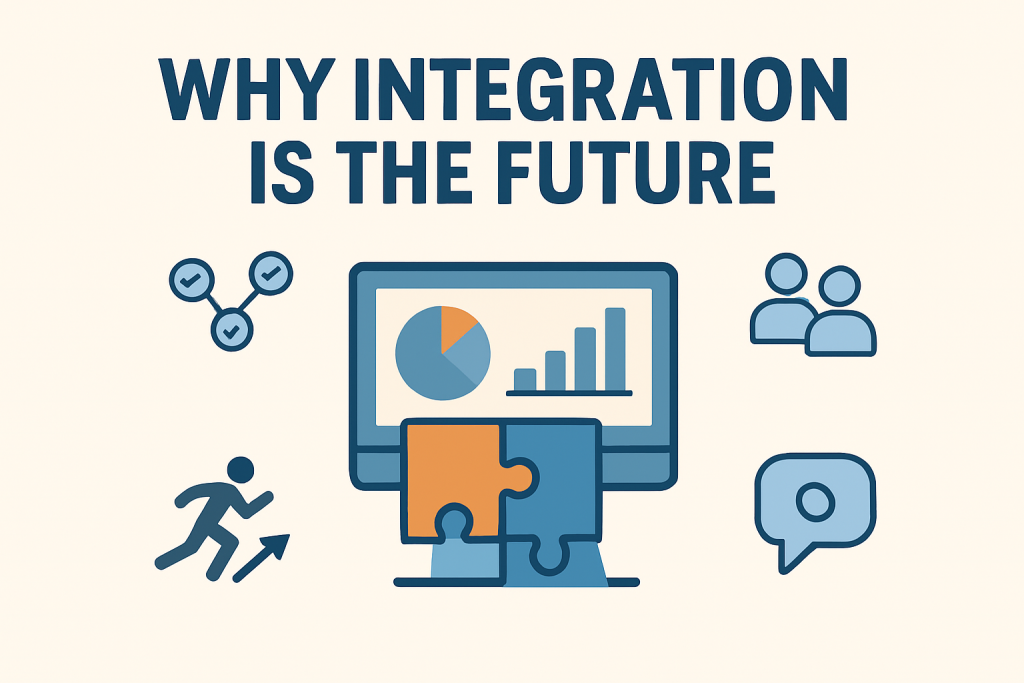 Integrating Content and Digital Marketing for Maximum ROI in 2025 1 An illustration showing a computer monitor with a chart and two interlocking puzzle pieces, surrounded by icons representing teamwork, communication, progress, and connectivity, with the headline “Why Integration Is the Future.”