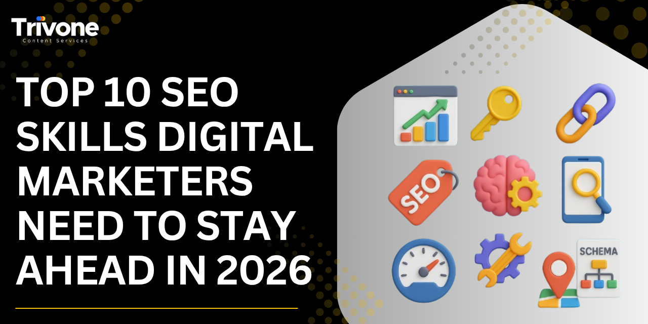 A digital graphic showing SEO icons such as analytics, keywords, backlinks, schema, and mobile search, with the headline “Top 10 SEO Skills Digital Marketers Need to Stay Ahead in 2026.”