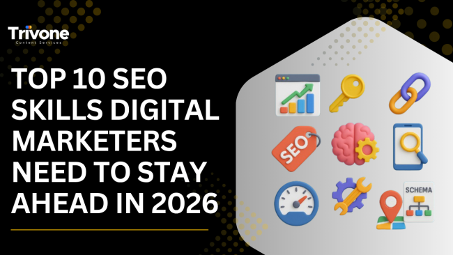 A digital graphic showing SEO icons such as analytics, keywords, backlinks, schema, and mobile search, with the headline “Top 10 SEO Skills Digital Marketers Need to Stay Ahead in 2026.”