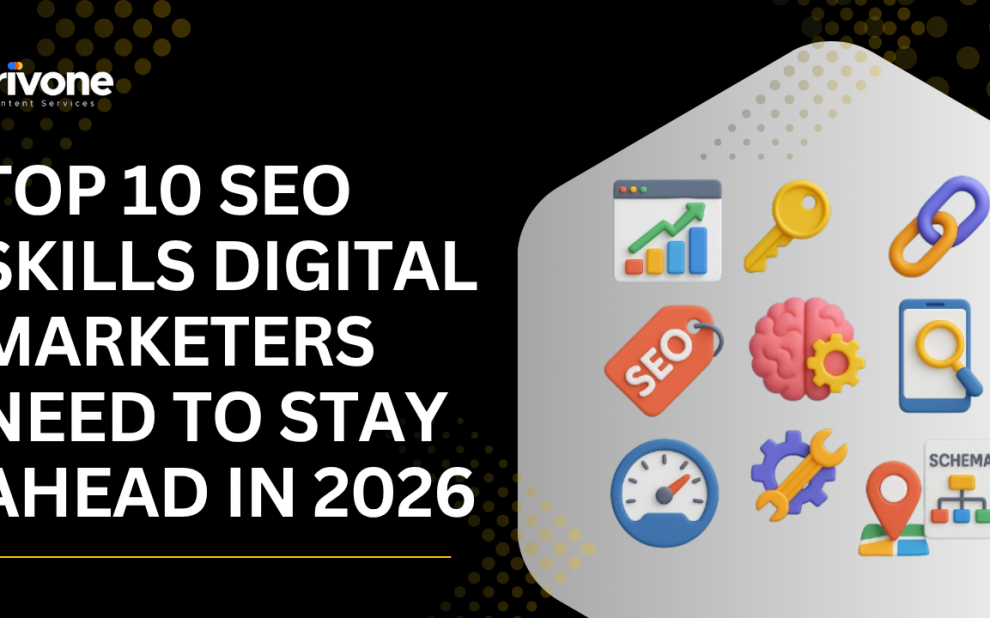 Top 10 SEO Skills Digital Marketers Need to Stay Ahead in 2026 A digital graphic showing SEO icons such as analytics, keywords, backlinks, schema, and mobile search, with the headline “Top 10 SEO Skills Digital Marketers Need to Stay Ahead in 2026.”
