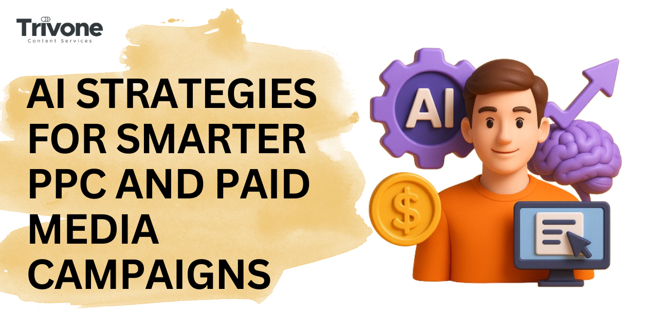 3D illustration of a marketer with AI icons, gear, brain, dollar symbol, and computer screen beside the title ‘AI Strategies for Smarter PPC and Paid Media Campaigns’ from Trivone Content Services.