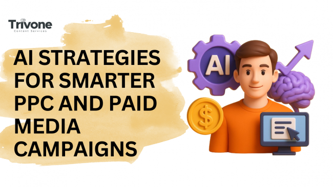 3D illustration of a marketer with AI icons, gear, brain, dollar symbol, and computer screen beside the title ‘AI Strategies for Smarter PPC and Paid Media Campaigns’ from Trivone Content Services.