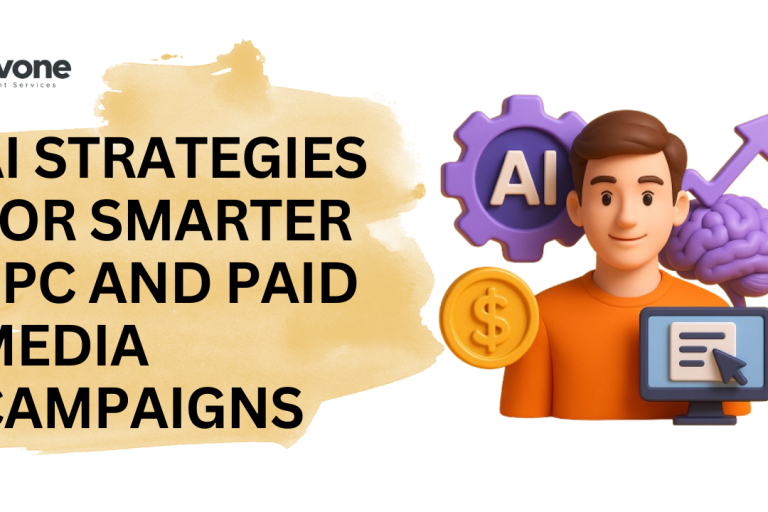 AI Strategies for Smarter PPC and Paid Media Campaigns 3D illustration of a marketer with AI icons, gear, brain, dollar symbol, and computer screen beside the title ‘AI Strategies for Smarter PPC and Paid Media Campaigns’ from Trivone Content Services.
