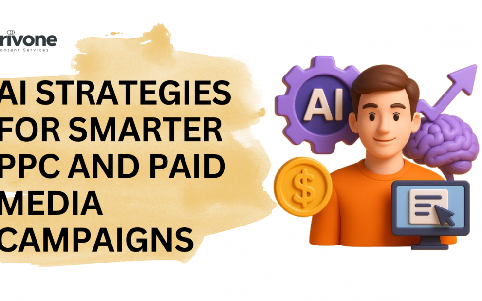 3D illustration of a marketer with AI icons, gear, brain, dollar symbol, and computer screen beside the title ‘AI Strategies for Smarter PPC and Paid Media Campaigns’ from Trivone Content Services.
