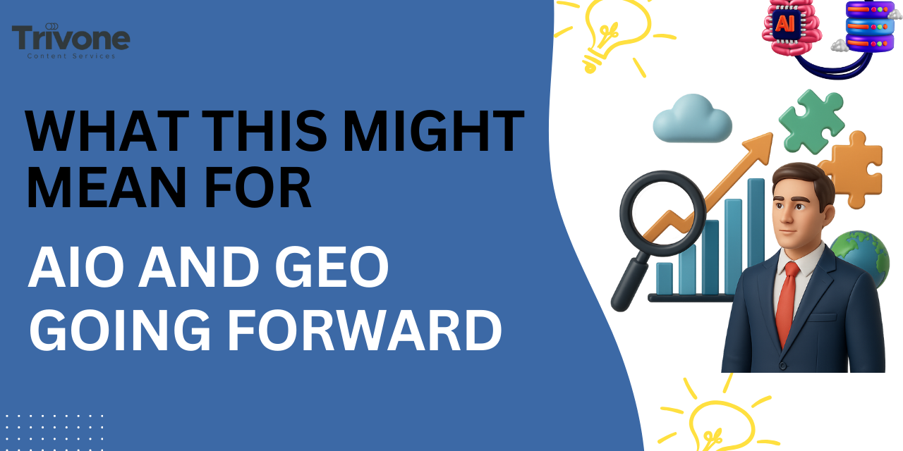 Illustration showing the impact of AI on AIO and GEO strategies, featuring analytics charts, AI icons, and a business professional symbolising future-focused search and content optimisation.