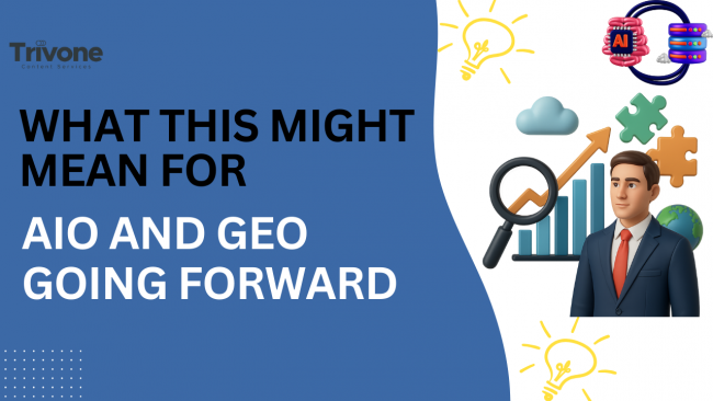 AIO and GEO Going Forward .PNG Illustration showing the impact of AI on AIO and GEO strategies, featuring analytics charts, AI icons, and a business professional symbolising future-focused search and content optimisation.