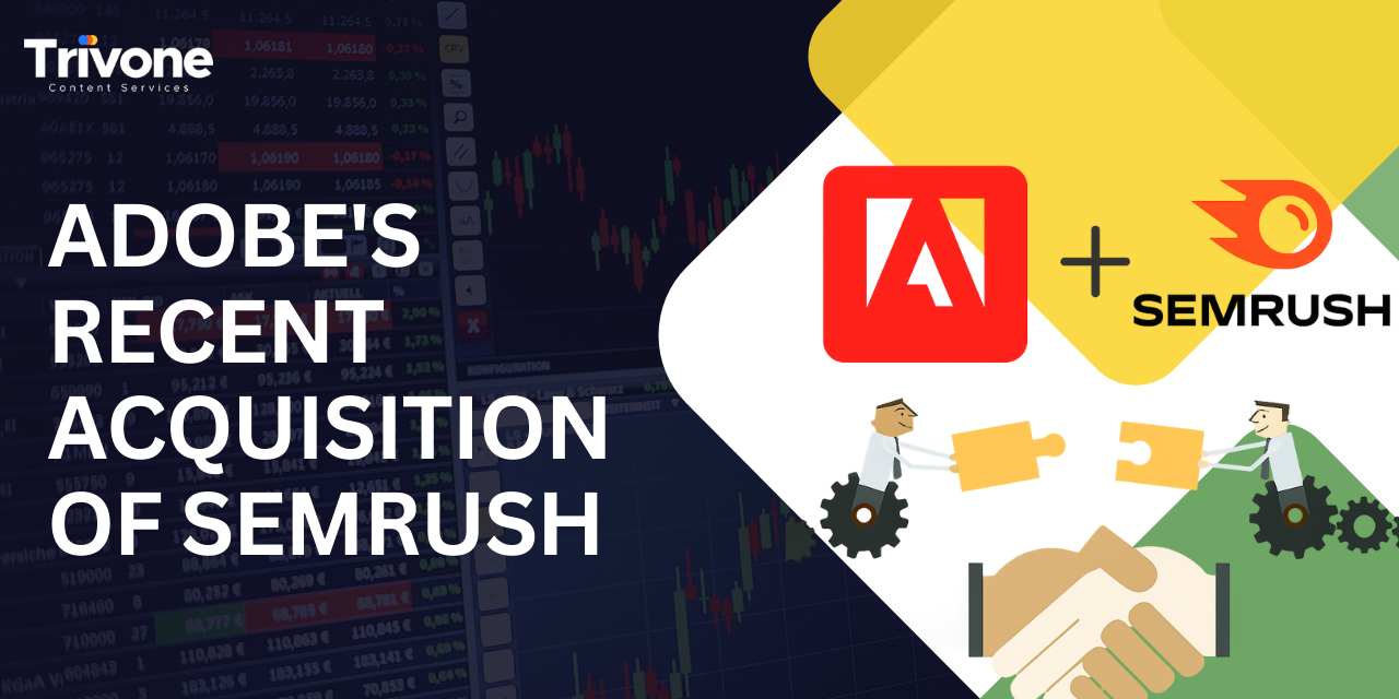 Adobe’s recent acquisition of SEMrush Graphic showing Adobe and Semrush logos with puzzle pieces and handshake illustration, highlighting Adobe’s acquisition of Semrush.