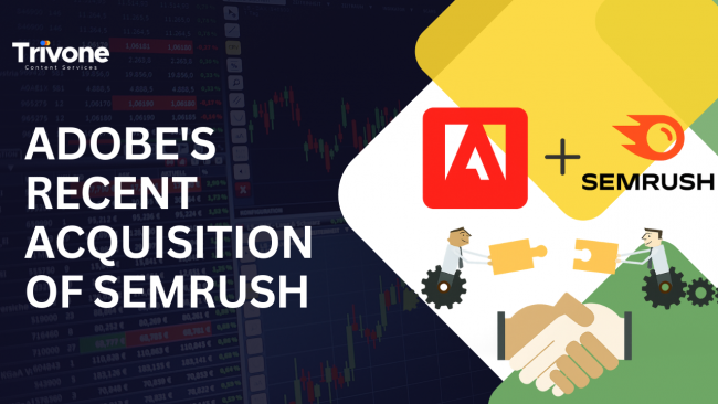 Graphic showing Adobe and Semrush logos with puzzle pieces and handshake illustration, highlighting Adobe’s acquisition of Semrush.