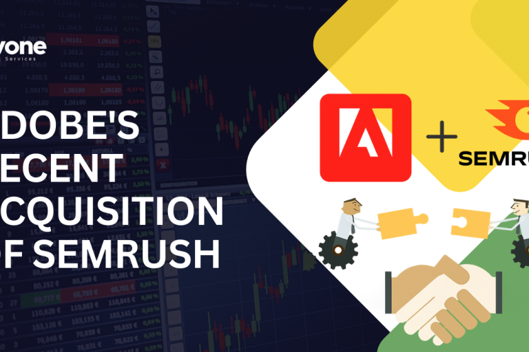 Adobe’s recent acquisition of SEMrush Graphic showing Adobe and Semrush logos with puzzle pieces and handshake illustration, highlighting Adobe’s acquisition of Semrush.