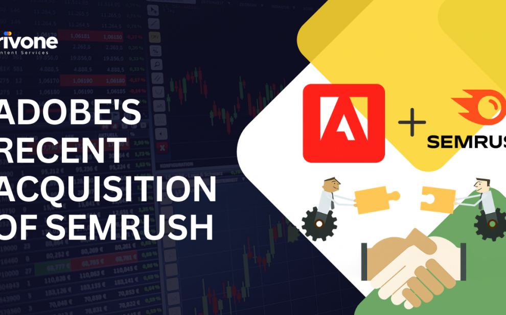 Graphic showing Adobe and Semrush logos with puzzle pieces and handshake illustration, highlighting Adobe’s acquisition of Semrush.