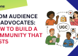 Illustration showing diverse people creating and sharing user-generated content (UGC), representing the journey from audience to brand advocates in a lasting brand community.