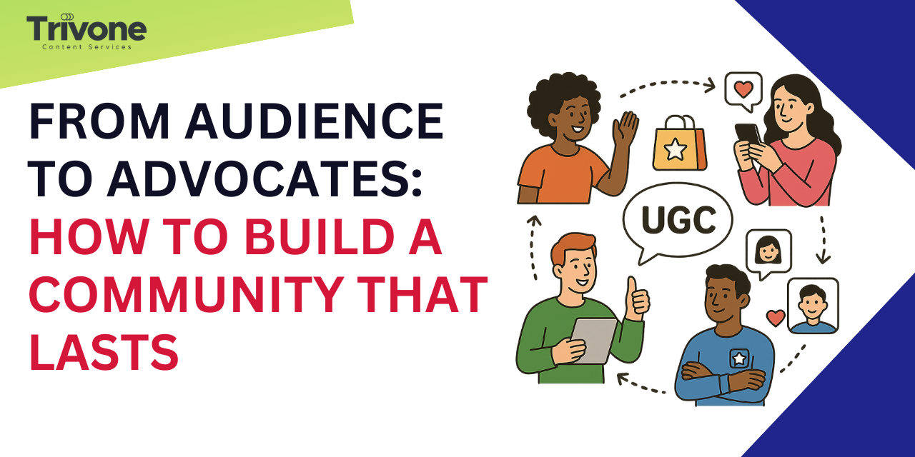 From Audience to Advocates How to Build a Brand Community with UGC That Lasts Illustration showing diverse people creating and sharing user-generated content (UGC), representing the journey from audience to brand advocates in a lasting brand community.