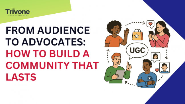 From Audience to Advocates How to Build a Brand Community with UGC That Lasts Illustration showing diverse people creating and sharing user-generated content (UGC), representing the journey from audience to brand advocates in a lasting brand community.