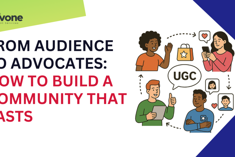 From Audience to Advocates How to Build a Brand Community with UGC That Lasts Illustration showing diverse people creating and sharing user-generated content (UGC), representing the journey from audience to brand advocates in a lasting brand community.