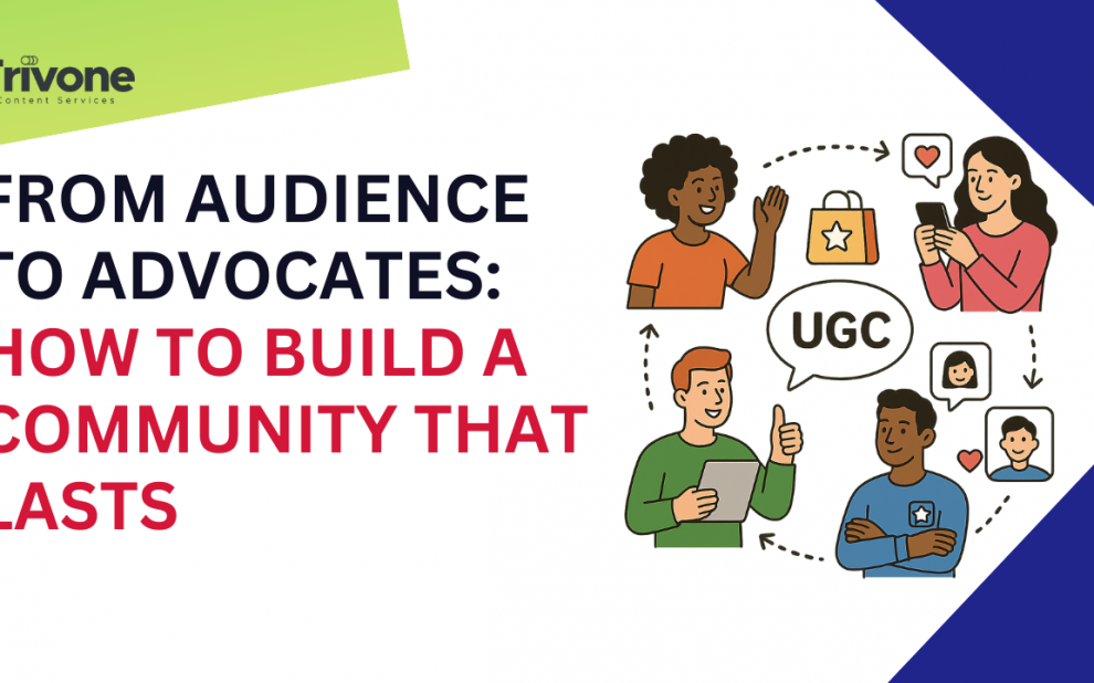 Illustration showing diverse people creating and sharing user-generated content (UGC), representing the journey from audience to brand advocates in a lasting brand community.