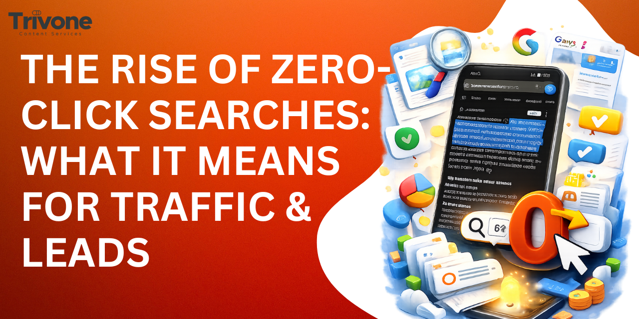 A digital graphic showing the title “The Rise of Zero-Click Searches: What It Means for Traffic & Leads” on an orange gradient background, with a 3D-style smartphone illustration on the right displaying a Google search page and icons representing search, analytics, and digital content.