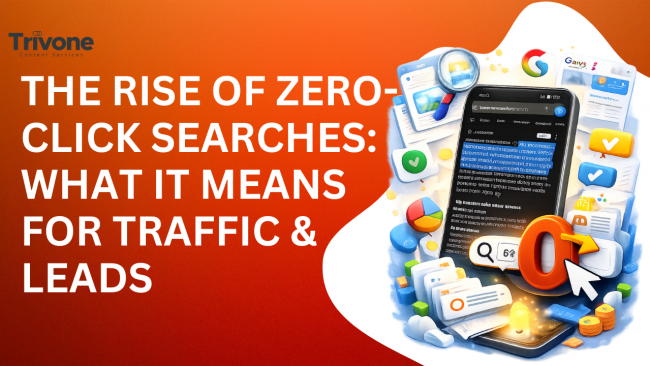 A digital graphic showing the title “The Rise of Zero-Click Searches: What It Means for Traffic & Leads” on an orange gradient background, with a 3D-style smartphone illustration on the right displaying a Google search page and icons representing search, analytics, and digital content.
