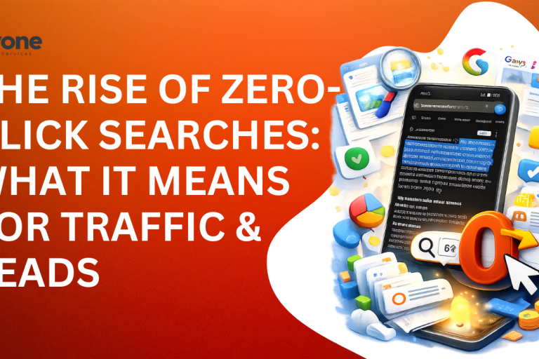 agency (1) A digital graphic showing the title “The Rise of Zero-Click Searches: What It Means for Traffic & Leads” on an orange gradient background, with a 3D-style smartphone illustration on the right displaying a Google search page and icons representing search, analytics, and digital content.