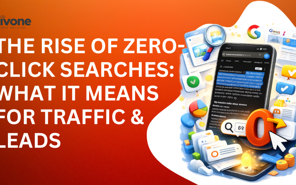 A digital graphic showing the title “The Rise of Zero-Click Searches: What It Means for Traffic & Leads” on an orange gradient background, with a 3D-style smartphone illustration on the right displaying a Google search page and icons representing search, analytics, and digital content.