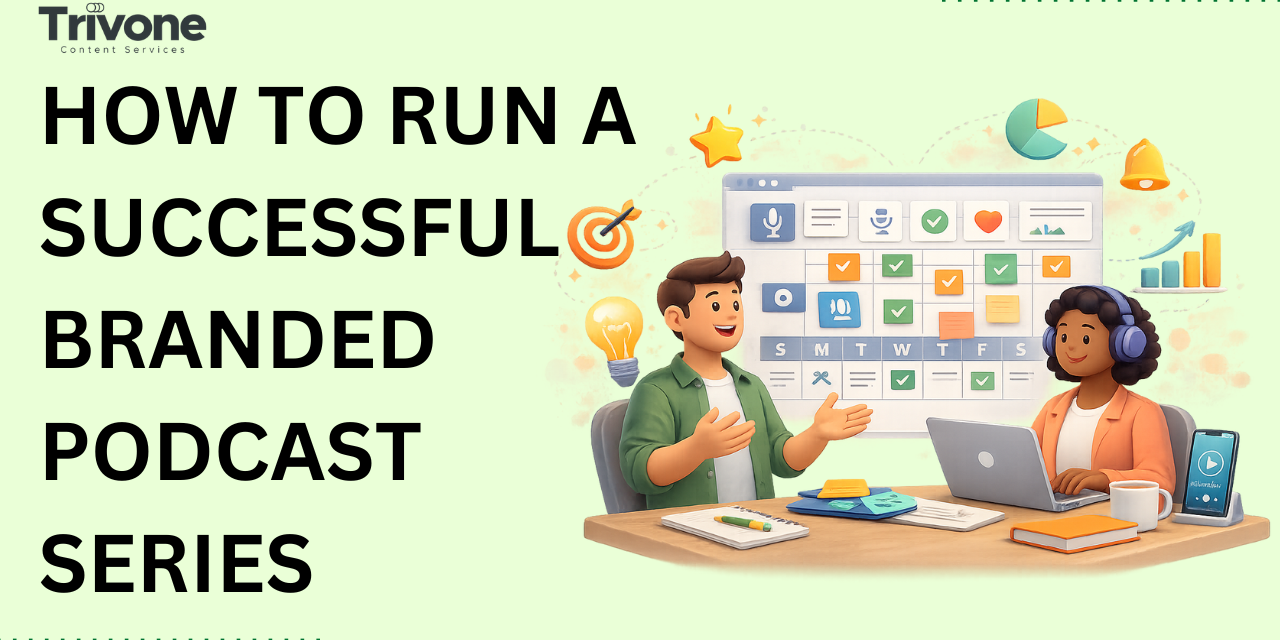 How to Run a Successful Branded Podcast Series banner with two illustrated people planning a podcast at a desk, with a laptop and a digital calendar in the background.