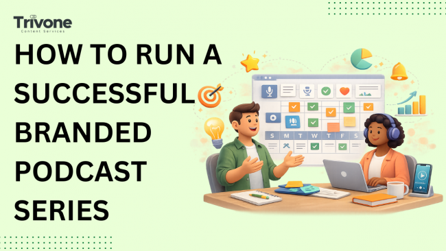 How to Run A Successful Branded Podcast Series How to Run a Successful Branded Podcast Series banner with two illustrated people planning a podcast at a desk, with a laptop and a digital calendar in the background.