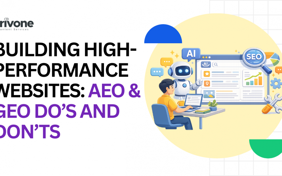 Building High-Performance Websites AEO & GEO Do’s and Don’ts AI-powered SEO optimization dashboard with robot assistant helping analyze website performance and search rankings
