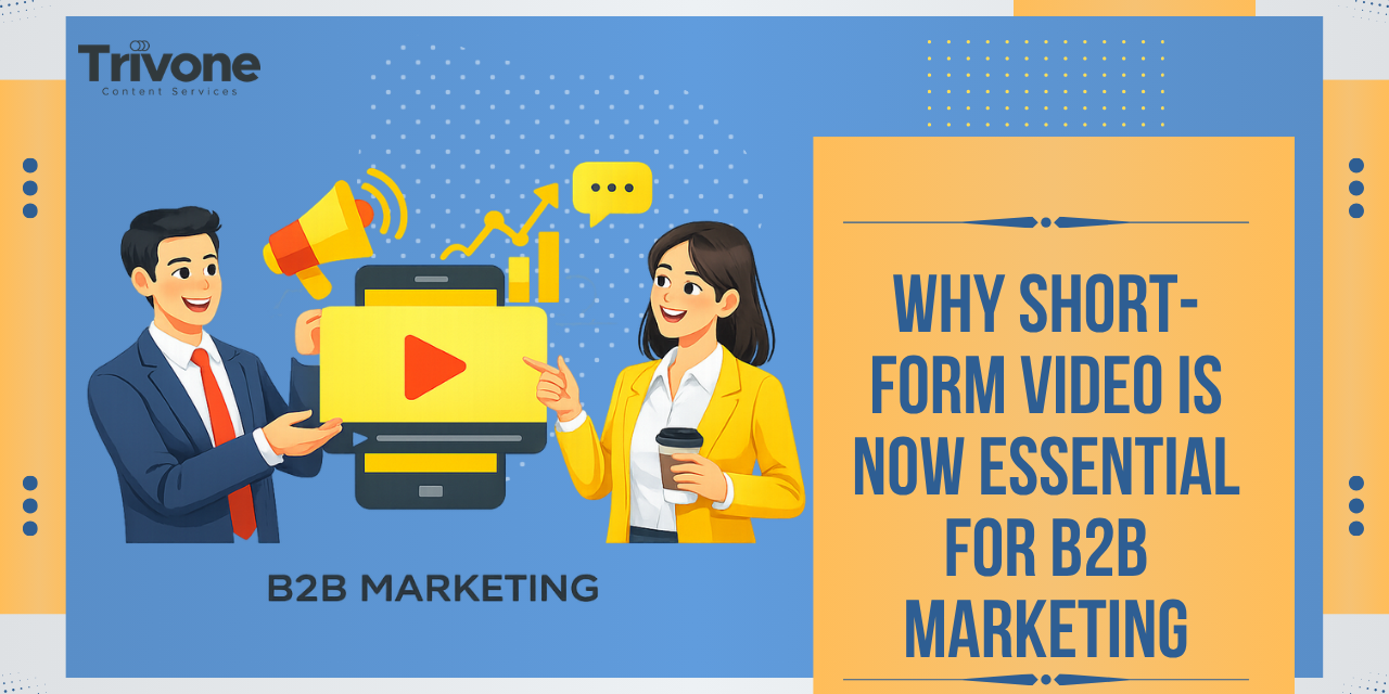 Illustration of two professionals discussing short-form video strategy for B2B marketing, featuring a play button, megaphone, and analytics icons.