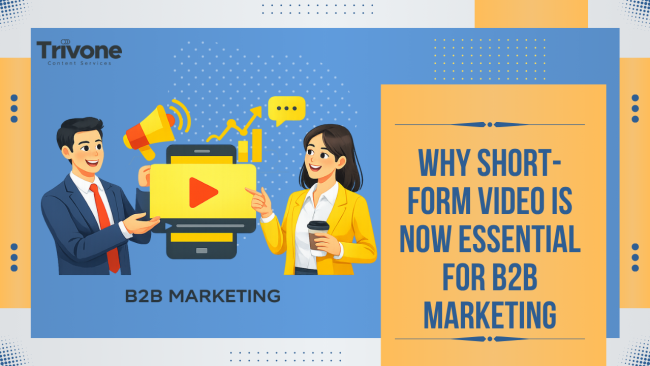 Illustration of two professionals discussing short-form video strategy for B2B marketing, featuring a play button, megaphone, and analytics icons.
